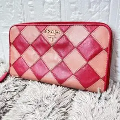 PRADA サフィアーノ ブロッキングレザー ラウンドファスナー ピンク 長 