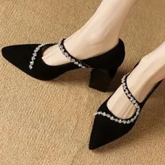 訳あり：ビジュー付きブラックポインテッドトゥハイヒール ラインストーン ブロック