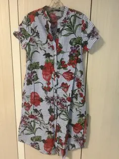 ZARA WOMAN 花柄チェック 半袖シャツワンピース Mのサムネイル