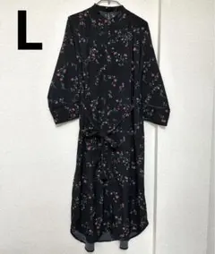 ロングワンピース 花柄 フラワー ブラック 腰紐付き