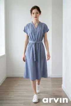 ワンピース　半袖シャツワンピース 青と白のストライプ