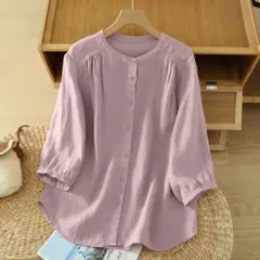 シンプル 無地 フロントボタン ブラウス 七分袖 ラウンドネック ゆったり