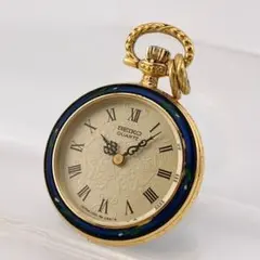 【希少/電池交換済】SEIKO　懐中時計　花柄　ゴールド　ブルー クォーツ