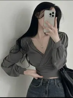 グレー Vネック ラップスタイル 長袖トップス M