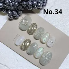 ネイルチップ　No.34 シアーネイル　水色　もやもやニュアンス　ぷっくりお花