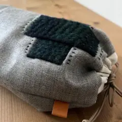 ウールの刺し子巾着バックハンドメイド　 ブラックウォッチウール