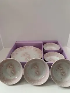 桜模様 陶器 食器セット 大皿１枚 小皿５枚　新年　お正月