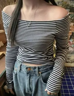 SHEIN オフショルダーボーダー柄長袖Tシャツ XS