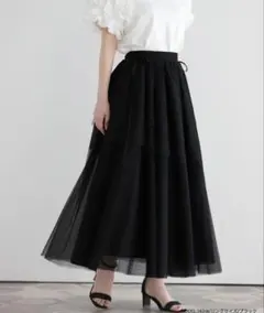 サイドリボンアシメチュールスカート　ブラック　黒　ロング　fit more