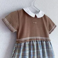 familiar ドッキングワンピース ニット チェック 茶 ウ－ル混 90