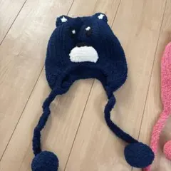 クマの顔デザイン ニット帽 ネイビー