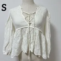 ZARA BASIC レースアップブラウス S アイボリー