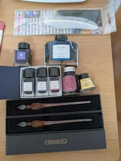 [まとめ売り]ガラスペンと羽根ペン、万年筆、インクセット