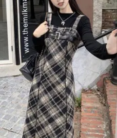 Y2K チェック柄スイッチング ロングキャミワンピース