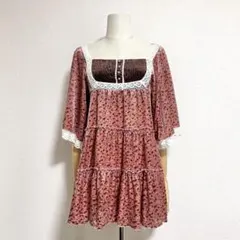 LIZLISA 花柄 ベロア レース フレア ベロア チュニック ピンク