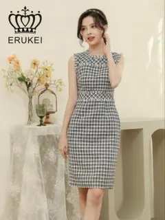 ERUKEI チェック柄 ツイードタイトドレス ノースリーブ キャバドレス