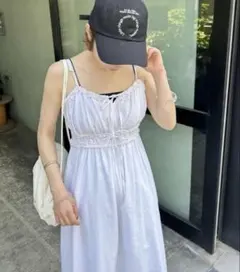 【mystic】リボンギャザーキャミワンピース　綿100% 白　ホワイト