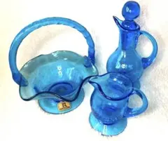 青色　琉球ガラス　セット　小物入れ籠・水差しボトル・ミルククリーマー　海色