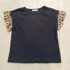 ペアマノン　黒リブTシャツ 130cm ドット柄フリル袖