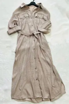 【着丈120】美品✨マキシ丈シアーシャツワンピース 共布ベルト付 M グレージュ