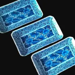 新品3客 龍峰窯 牡丹 蛸唐草柄 染付古伊万里焼物皿 長皿