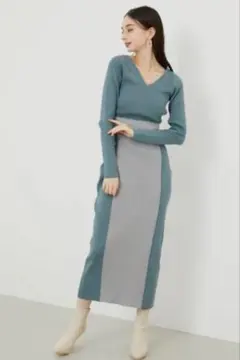 rienda バイカラーワンピース ブルー