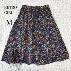 レトロガール　花総柄　膝丈フレアスカート　ネイビー　M ウエストゴムのサムネイル