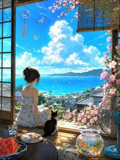 夏色の海と猫　青空と入道雲のノスタルジック風景 　おしゃれなフレーム入りポスター