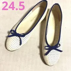 アイボリー メッシュ フラットシューズ リボン付き