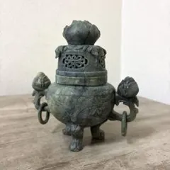 中国美術 緑色天然石 遊環付三足香炉 古玩 彫刻 蓮※状態〈検 翡翠 玉石
