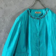 80s ヴィンテージ　ノーカラージャケット　ビジュー　フルボタン　薄手　LO4