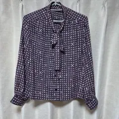 チェック柄リボン付き長袖ブラウス