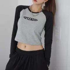 Tシャツ 長袖 ロンＴ トップス グレー ブラック クロップドTシャツ