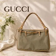 #393 GUCCI トートバッグ 編み込み レザー カーキ A4 キャンバスのサムネイル