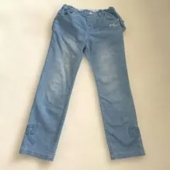 メゾピアノ　フリル　デニム　ブルー リボン装飾 ストレートパンツ