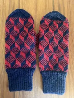 手編みミトン　赤x紺