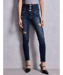 【GYDA】ハイウエスト バッククロス ダメージスキニーデニムパンツ