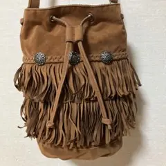 フリンジ ショルダーバッグ スエード調 ブラウン系 軽量