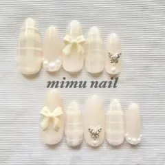 現品 ホワイトネイル リボン 白チェック ウエディングネイル 結婚式