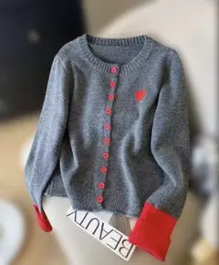 ハート刺繍 カーディガン XL グレー 赤 カジュアル ニット 羽織り 防寒