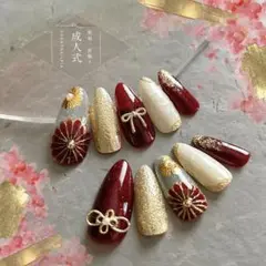《再販》振袖-赤 成人式 ネイルチップ 前撮り 和柄 結婚式 浴衣 着物 現品