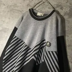 【レトロデザイン ニット セーター】長袖 黒×灰色 太アーム シンプル 古着