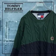 90s トミーヒルフィガー【ケーブルニット】ワンポイントオールド刺繍ロゴ
