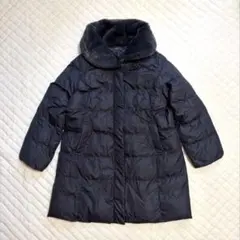 ネイビーダウンコート中綿コート 上品　軽量　防寒大人きれいめファー　襟付き
