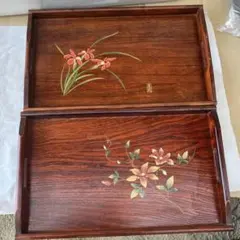 花柄木製トレイ 漆器 盆