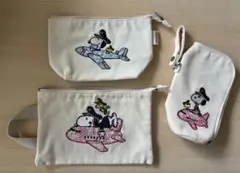 スヌーピー飛行機デザインポーチ3点セット　ANA機内販売　リバティ