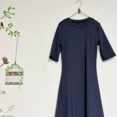 Dazy/ラウンドネックリブワンピース フレア ロング 5分袖 ネイビー S