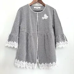 スーパービューティー◇ギンガムチェック◇レースモチーフ付きカーディガン 40