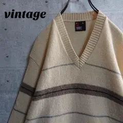 【ボーダー柄】Vネック デザインニット セーター ベージュ XL 古着