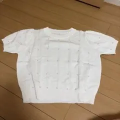パール装飾 半袖ニット ホワイト M